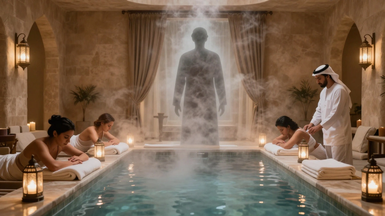 A serene, legal spa in Dubai with certified therapists, contrasted by a fading ghostly ad hinting at forbidden services.