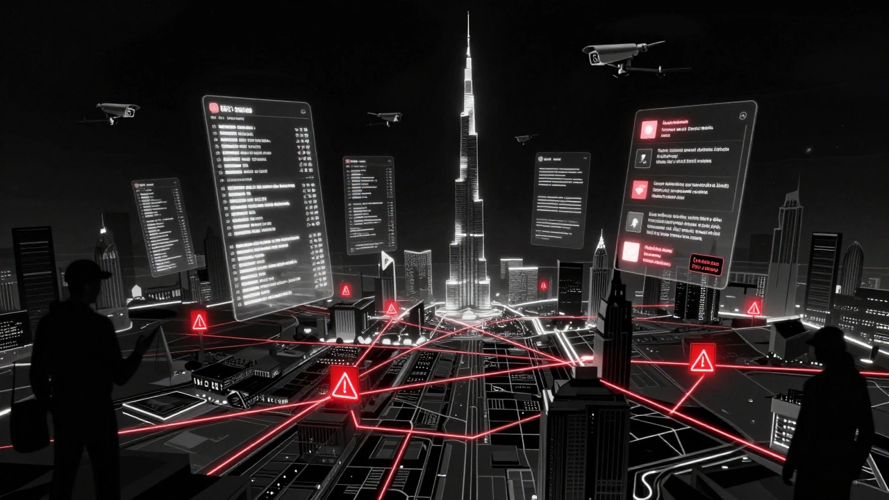 Digital shadows and transaction traces hover over Dubai&#039;s skyline, symbolizing hidden illegal escort networks.